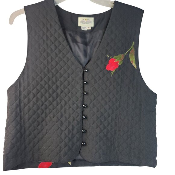 Susan Bristol Size 8 Winter Rose Quilted Vest Floral Button Black USA Deadstock - Picture 1 of 9
